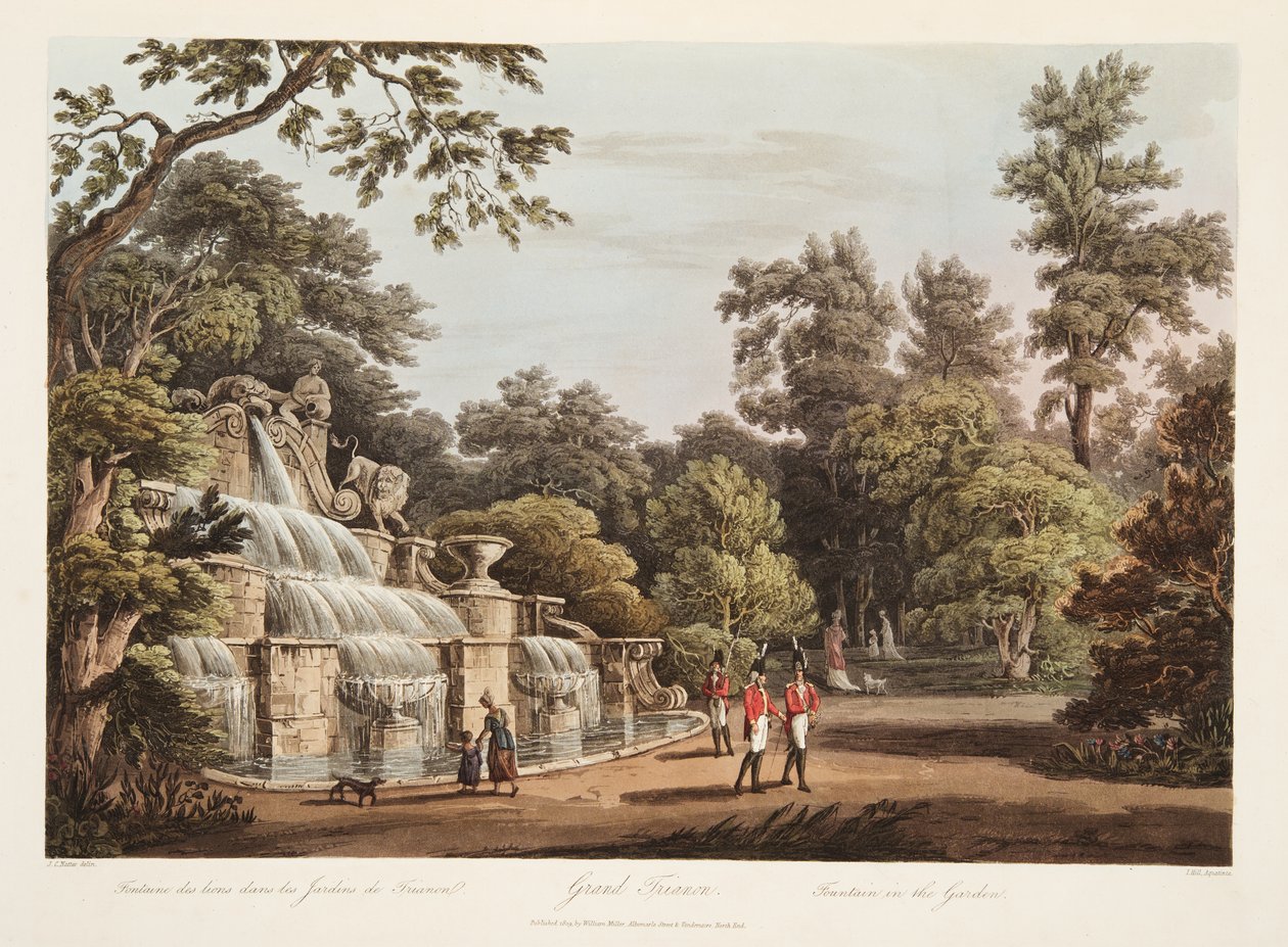 Grand Trianon, fontanna w ogrodzie, ilustracja z Wersalu, Paryża i Saint Denis, wyd. 1805 (akwatinta) autorstwa John Claude Nattes