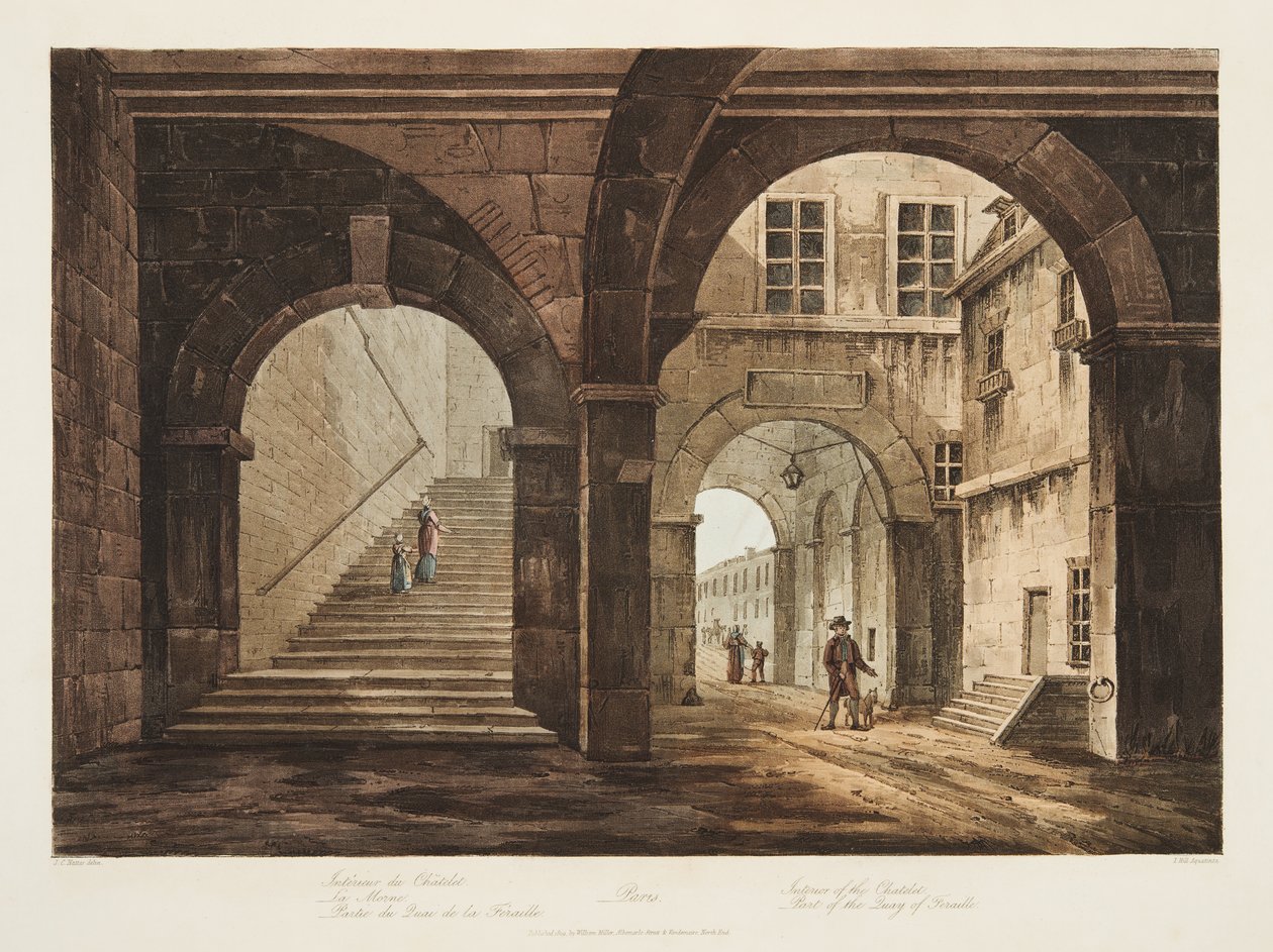 Wnętrze Chatelet, część nabrzeża Feraille, ilustracja z Wersalu, Paryża i Saint Denis, wyd. 1809 (akwatinta) autorstwa John Claude Nattes