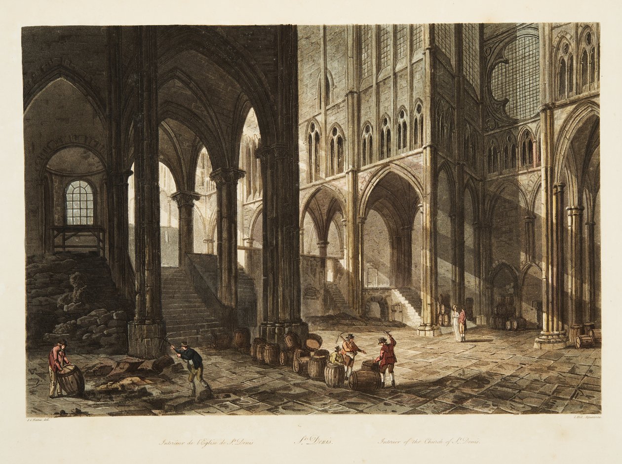 Wnętrze kościoła św. Denisa, ilustracja z Wersalu, Paryża i Saint Denis, wyd. 1805 (akwatinta) autorstwa John Claude Nattes