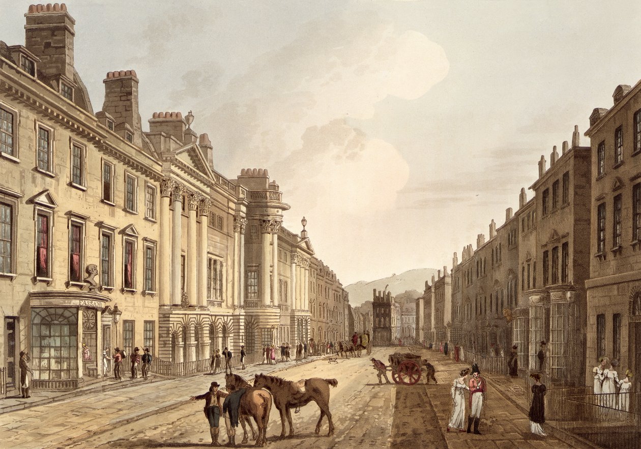 Milsom Street, z „Kąpiel ilustrowana serią poglądów”, grawerowana przez Johna Hilla (1770-1850) wyd. przez Williama Millera, 1805 (akwatinta) autorstwa John Claude Nattes