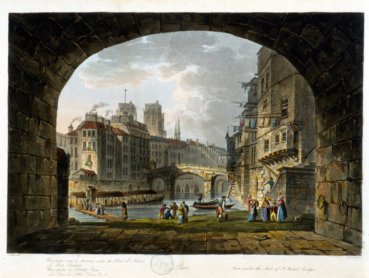 Paryż: Pont de Chatelet i Hotel Dieu - w „”Paris vu par J.C. Mattes””, wyd. Miller, Londyn autorstwa John Claude Nattes