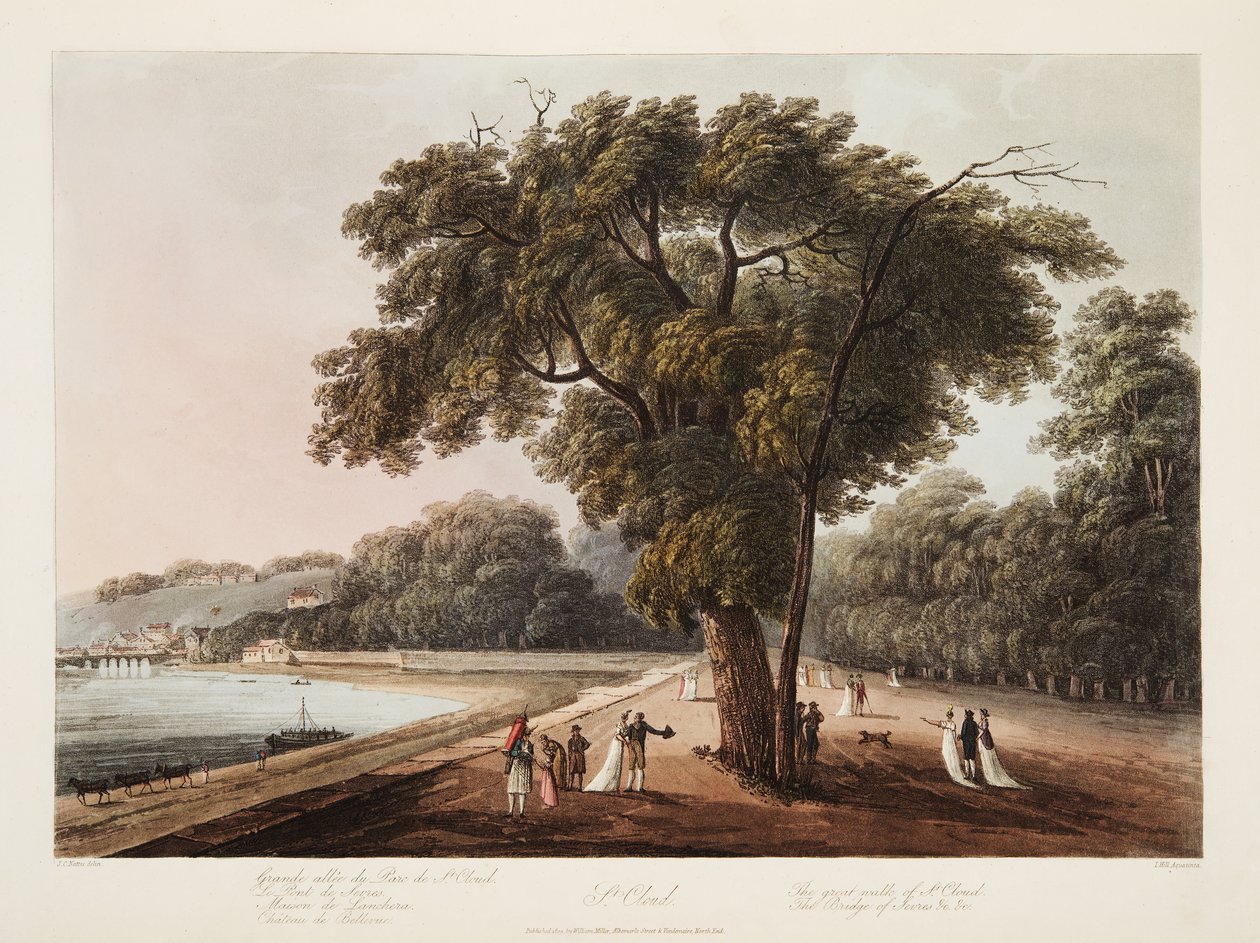 St Cloud, Great Walk of St Cloud, Bridge of Sevres itp., ilustracja z Wersalu, Paryża i Saint Denis, wyd. 1805 (akwatinta) autorstwa John Claude Nattes
