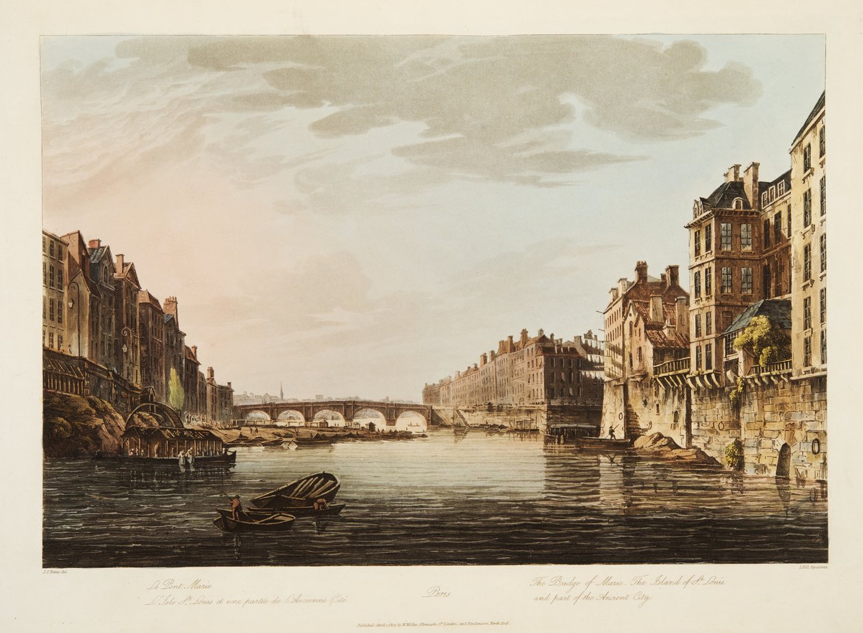 Most Marii, Wyspa św. Ludwika i część starożytnego miasta, ilustracja z Wersalu, Paryża i Saint Denis, pub. 1807 (akwatinta) autorstwa John Claude Nattes