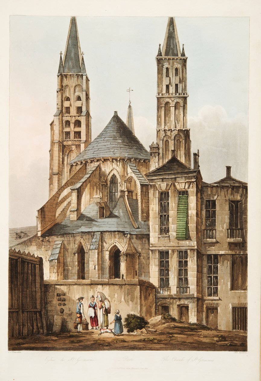 Kościół St Germains, ilustracja z Wersalu, Paryża i Saint Denis, wyd. 1810 (akwatinta) autorstwa John Claude Nattes