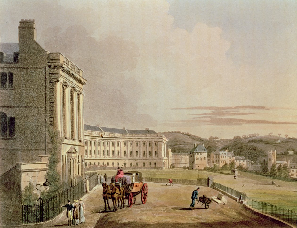 Półksiężyc, fragment ulicy, z Bath Ilustrowany serią widoków, grawerowany przez John Hill 1770-1850 pub. autorstwa Williama Millera, szczegół akwatinty z 1804 r. z 92988 r. autorstwa John Claude Nattes