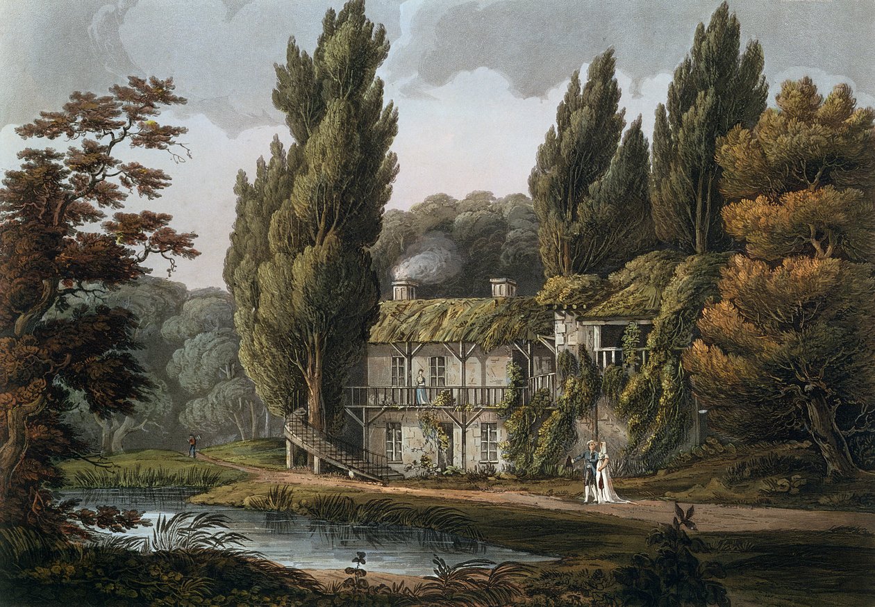 Jadalnia w Hameau Marie-Antoinette, ilustracja z „Wersalu, Paryża i Saint Denis”, wydana w Londynie 1809 (rycina kolorowa) autorstwa John Claude Nattes