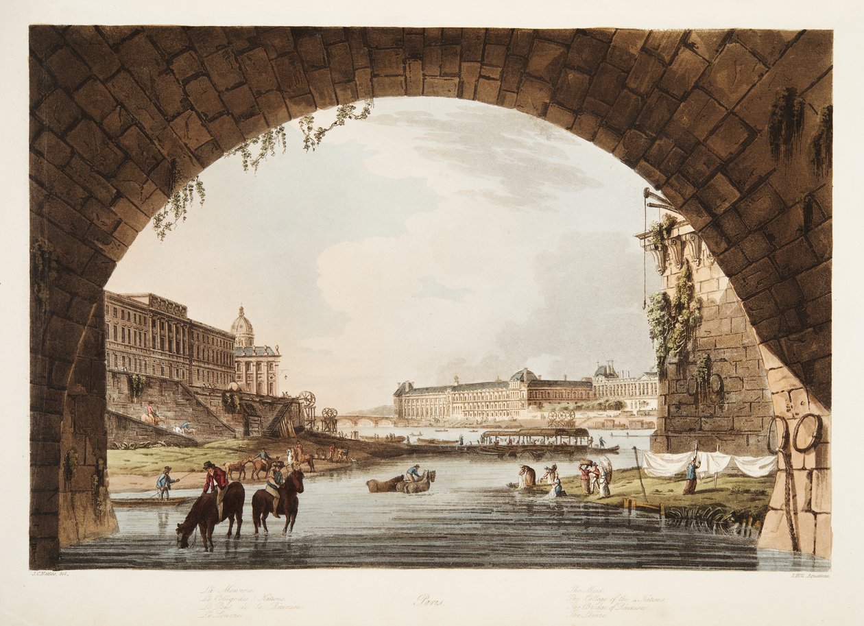 Luwr; Mięta; Kolegium Czterech Narodów; Most Zjazdu, ilustracja z Wersalu, Paryża i Saint Denis, wyd. 1805 (akwatinta) autorstwa John Claude Nattes