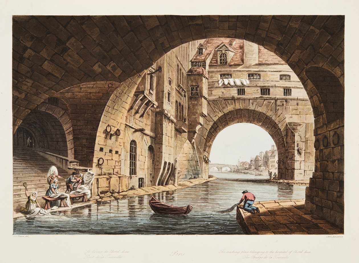 Pralnia należąca do szpitala Hotel-Dieu i Bridge de la Tournelle, ilustracja z Wersalu, Paryża i Saint Denis, wyd. 1805 (akwatinta) autorstwa John Claude Nattes