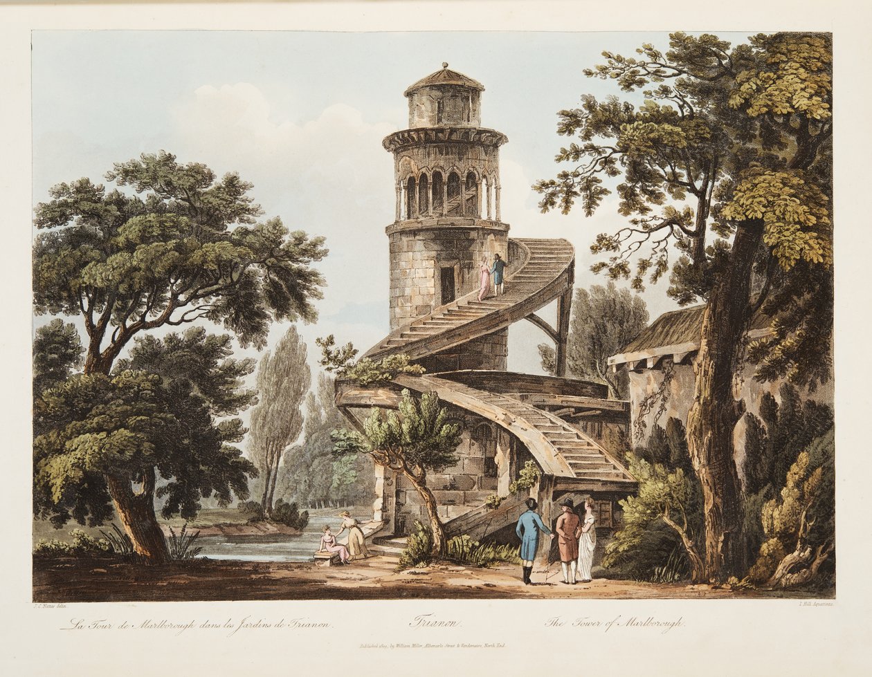 Trianon, Wieża Marlborough, ilustracja z Wersalu, Paryża i Saint Denis, wyd. 1809 (akwatinta) autorstwa John Claude Nattes