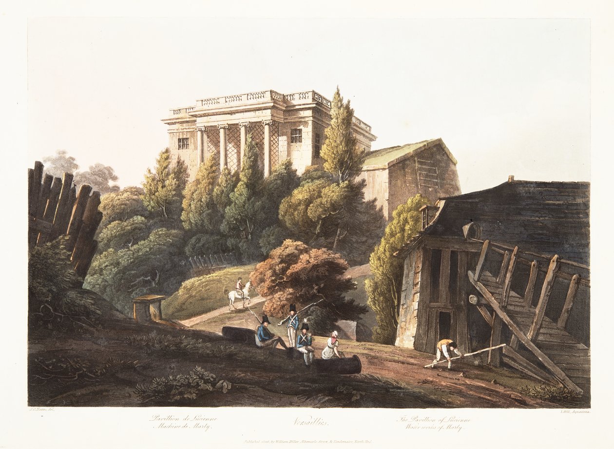 Wersal, Pawilon Lucienne, Wodociągi Marly, ilustracja z Wersalu, Paryża i Saint Denis, wyd. 1806 (akwatinta) autorstwa John Claude Nattes