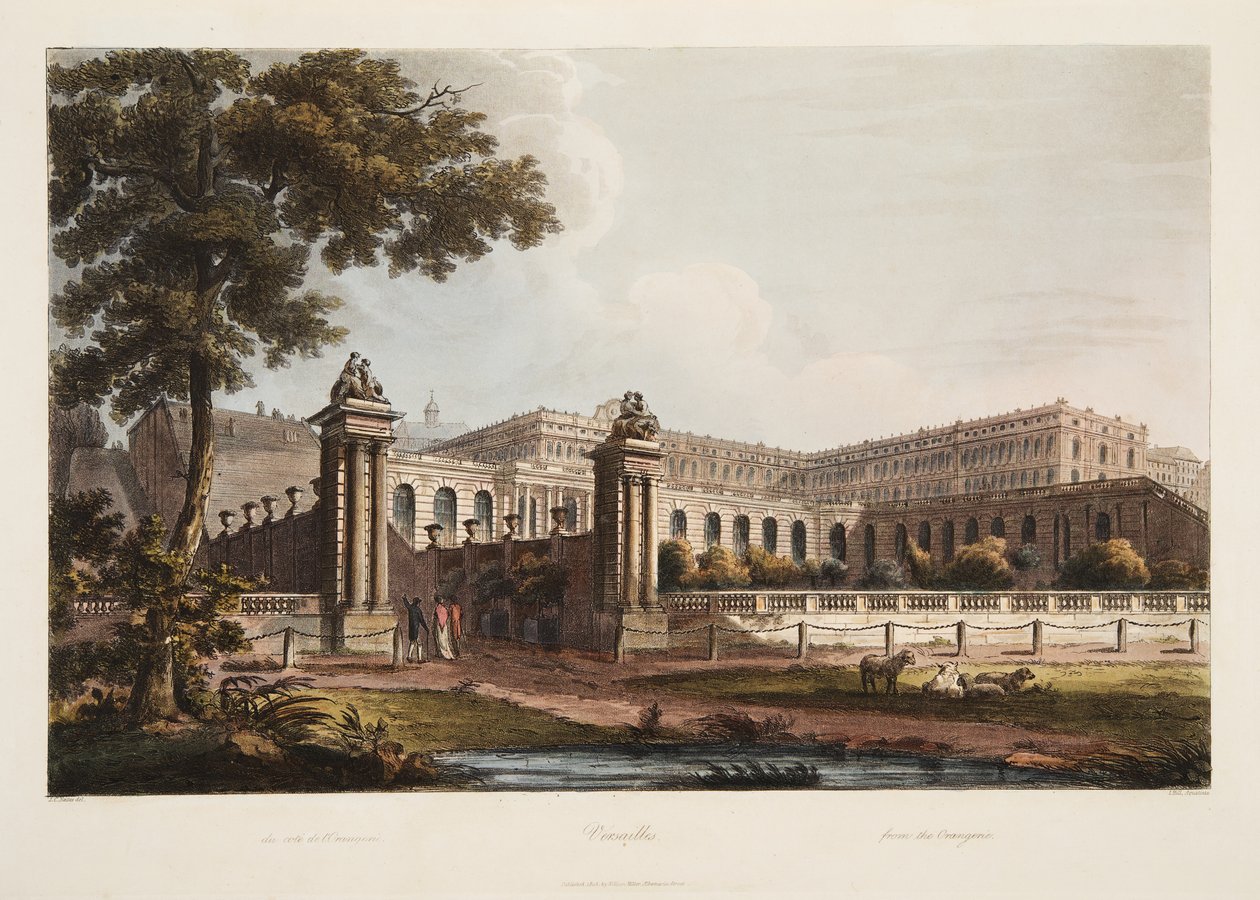 Wersal z Oranżerii, ilustracja z Wersalu, Paryża i Saint Denis, wyd. 1805 (akwatinta) autorstwa John Claude Nattes