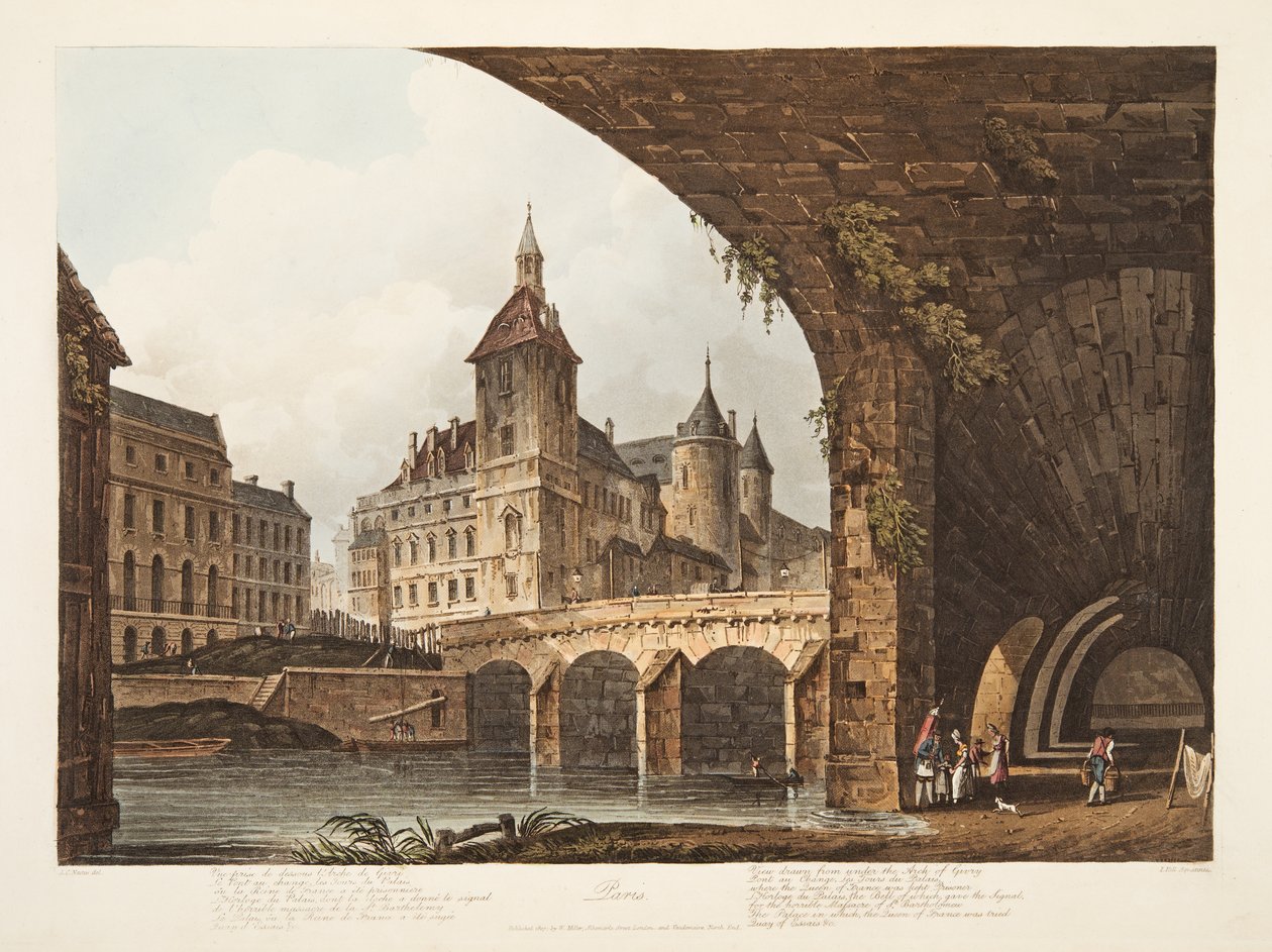 Widok na Pont-au-Change, Tour de lHorloge i Conciergerie, ilustracja z Wersalu, Paryża i Saint Denis, wyd. 1807 (akwatinta) autorstwa John Claude Nattes