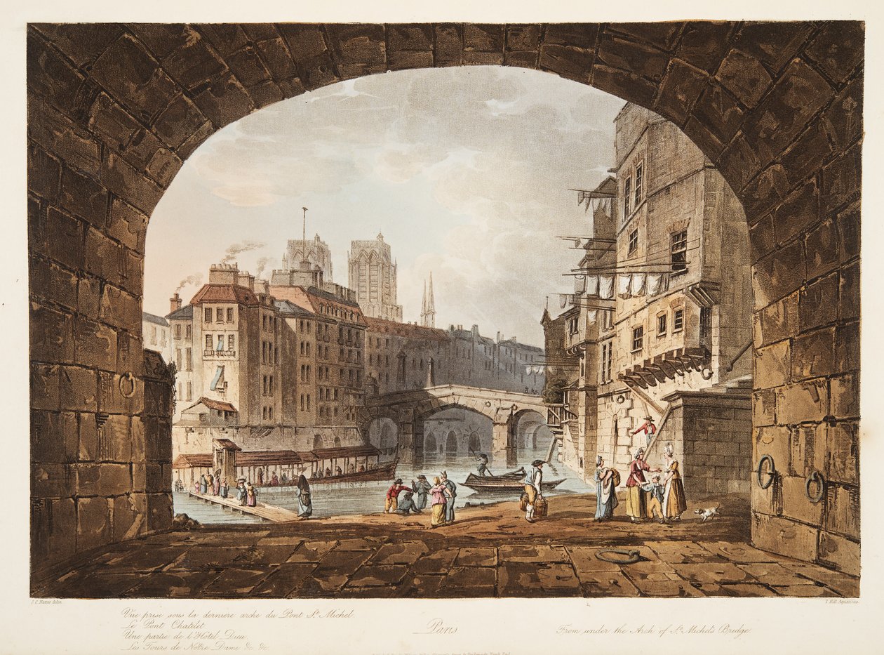 Spod łuku mostu St Michels, ilustracja z Wersalu, Paryża i Saint Denis, wyd. 1805 (akwatinta) autorstwa John Claude after Nattes