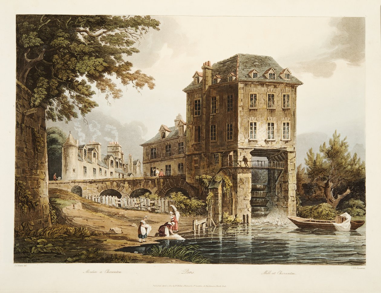 Młyn w Charenton, ilustracja z Wersalu, Paryża i Saint Denis, wyd. 1807 (akwatinta) autorstwa John Claude after Nattes