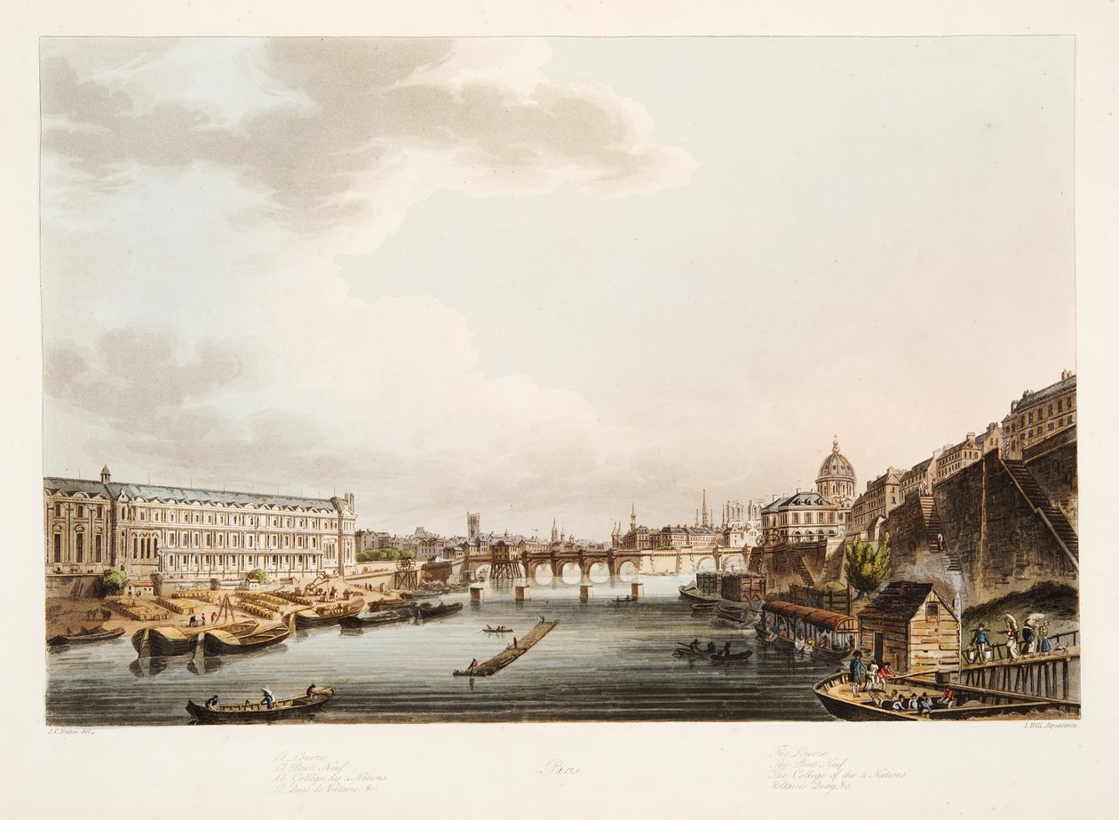 Luwr; Pont Neuf; Kolegium Czterech Narodów; Voltaires Quay, ilustracja z Wersalu, Paryża i Saint Denis, wyd. 1805 (akwatinta) autorstwa John Claude after Nattes