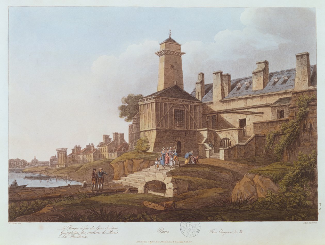 Pompa parowa Gros-Caillou, 1810 (kolor akwatinta) autorstwa John Claude after Nattes