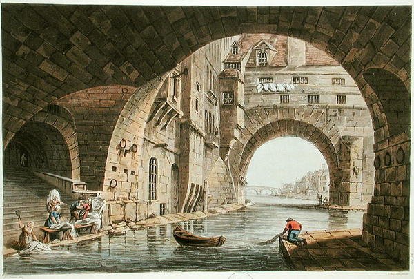 Miejsce mycia Hotel-Dieu i Pont de la Tournelle, rytowane przez I. Hilla, 1810 (akwatinta) autorstwa John Claude after Nattes