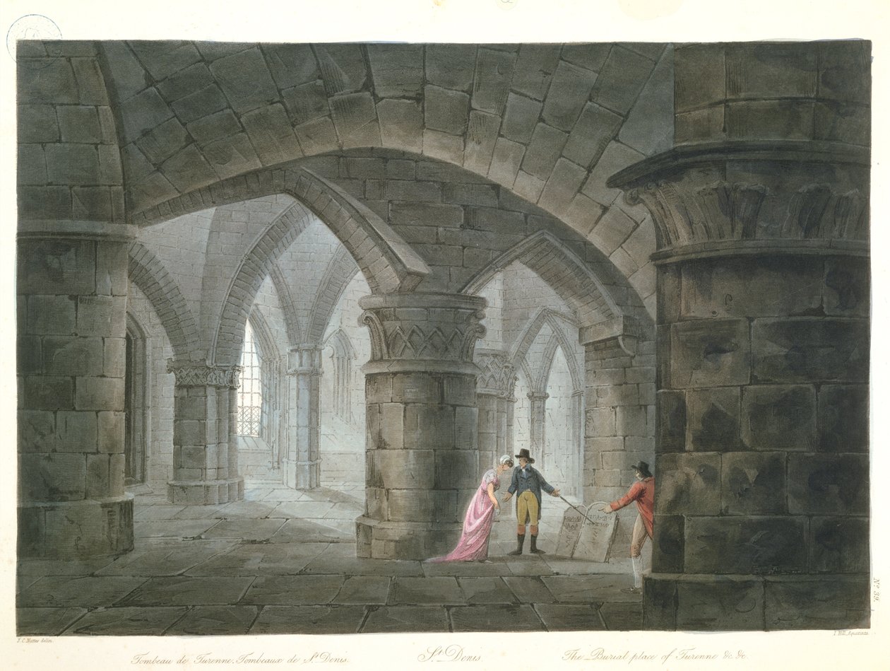Turyści odwiedzający grób Henri de La Tour dAuvergne (1611-75) Vicomte de Turenne w krypcie kościoła Saint-Denis, 1809 (kolorowe grawerowanie) autorstwa John Claude after Nattes