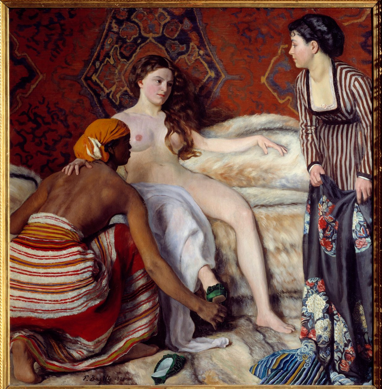 Orientalizm: „”Toaleta”” Młoda biała kobieta w asyście swoich dwóch dziewcząt ma toaletę. Obraz Frederica Bazille