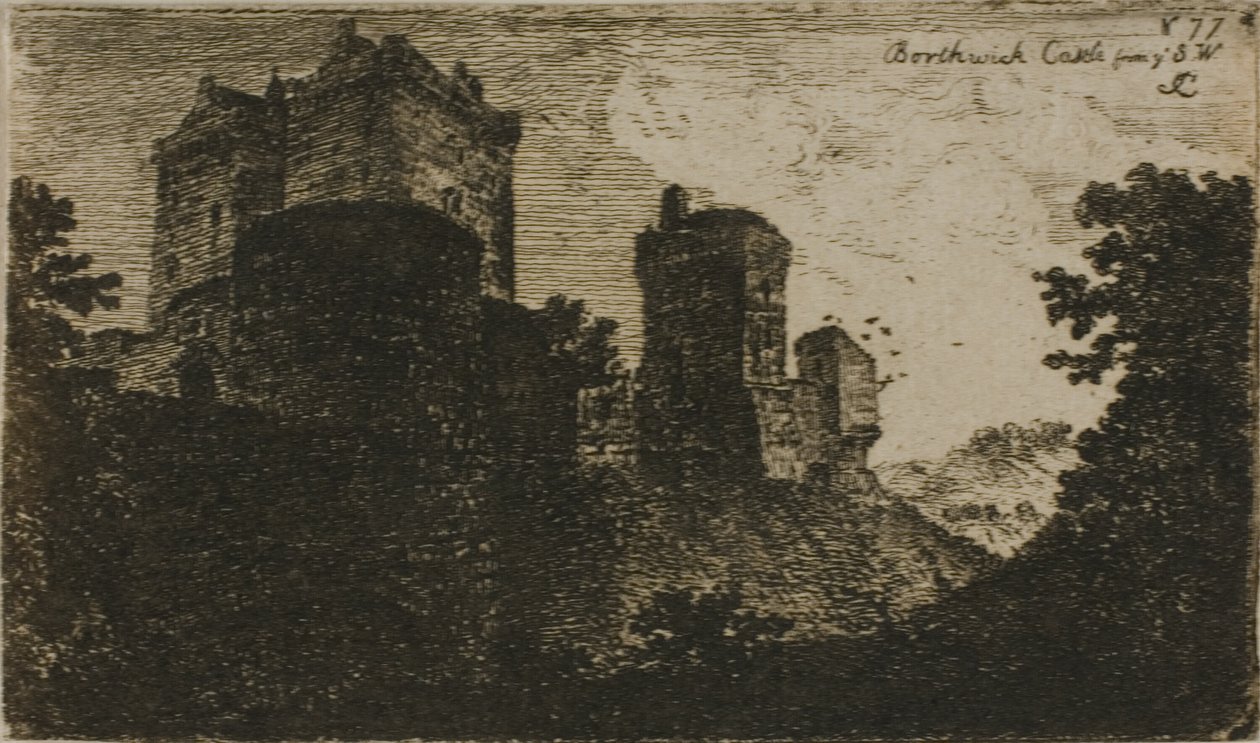 Zamek Borthwick od południowego zachodu autorstwa John Clerk of Eldin