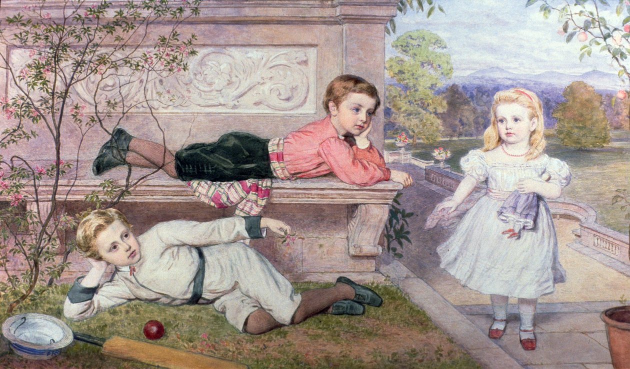 Farrer Children, Gaspard, Henry i Cecilia w ogrodach wiejskiego domu w Berkshire autorstwa John Collingham Moore