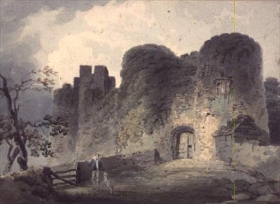 Wejście do zamku Carisbrooke, z młodzieńcem i barankiem stojącymi w pobliżu bramy autorstwa John Collins