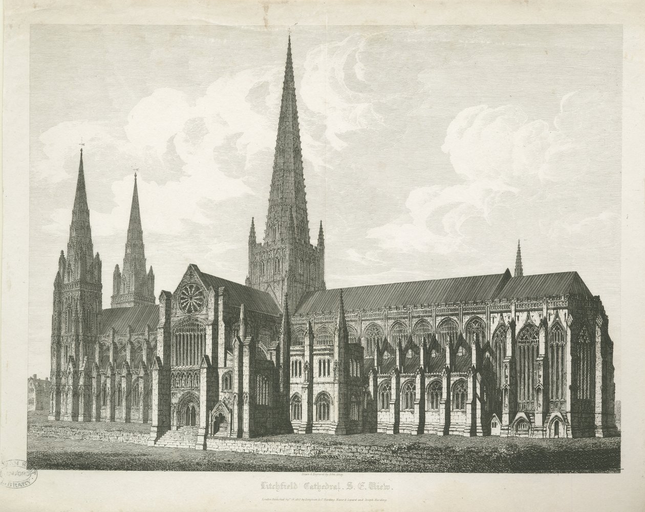 Katedra w Lichfield - widok południowo-wschodni: grawerowanie, bd [c 1823] (druk) autorstwa John Coney