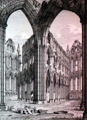 Whitby Abbey, Yorkshire, ilustracja z „Widoków angielskich opactw i katedr” J.D. Hardinga, c.1815 (akwaforta) autorstwa John Coney