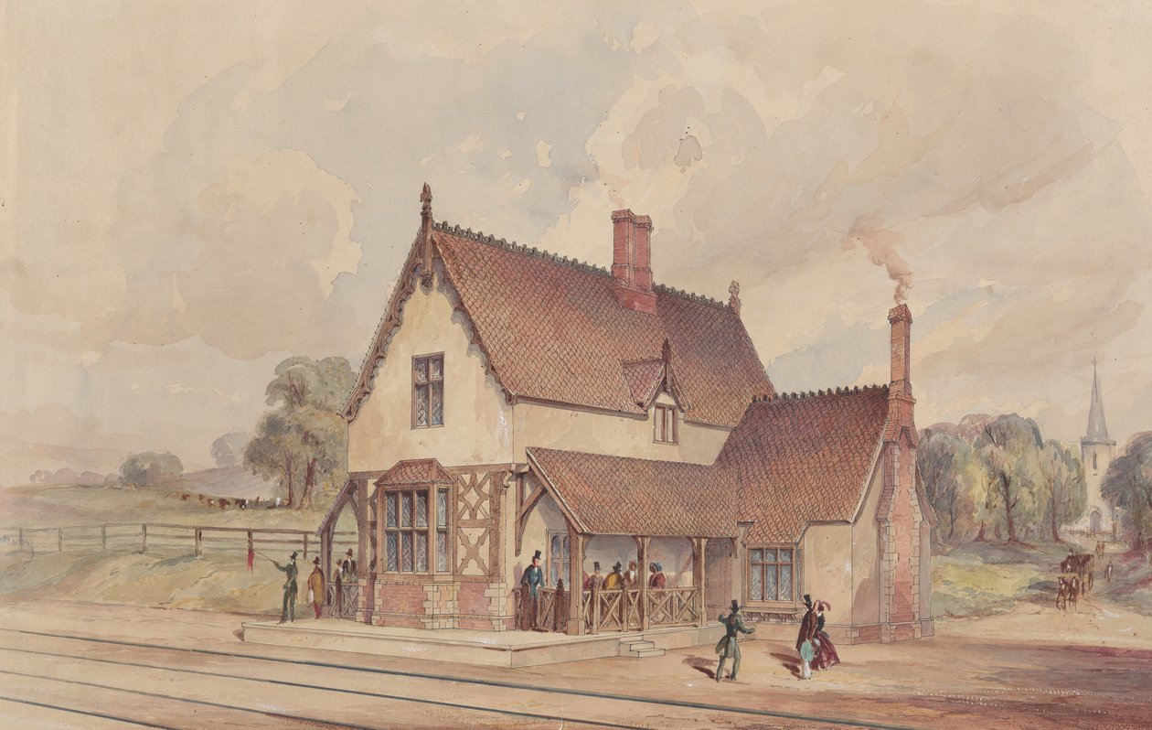 Wiktoriański dworzec kolejowy i przejazd kolejowy, 1844-77. autorstwa John Connell Ogle