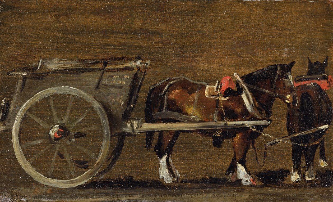 Wóz rolniczy z dwoma końmi w uprzęży: studium dla wozu w „Dolinie Stour i wiosce Dedham, 1814” (olej na płótnie na pokładzie) autorstwa John Constable