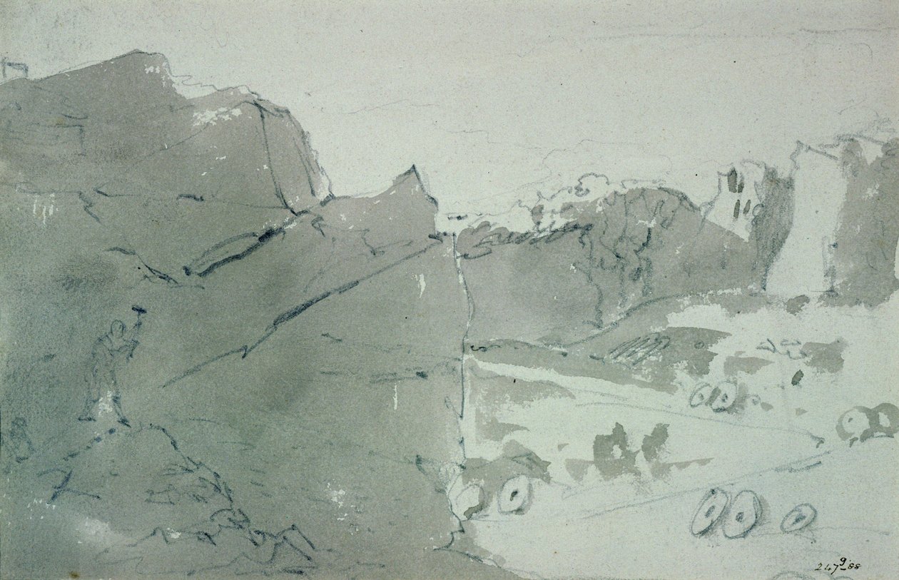 Kamieniołom kamieni młyńskich w Derbyshire, 1801 (manie ołówkiem i sepią na papierze) autorstwa John Constable