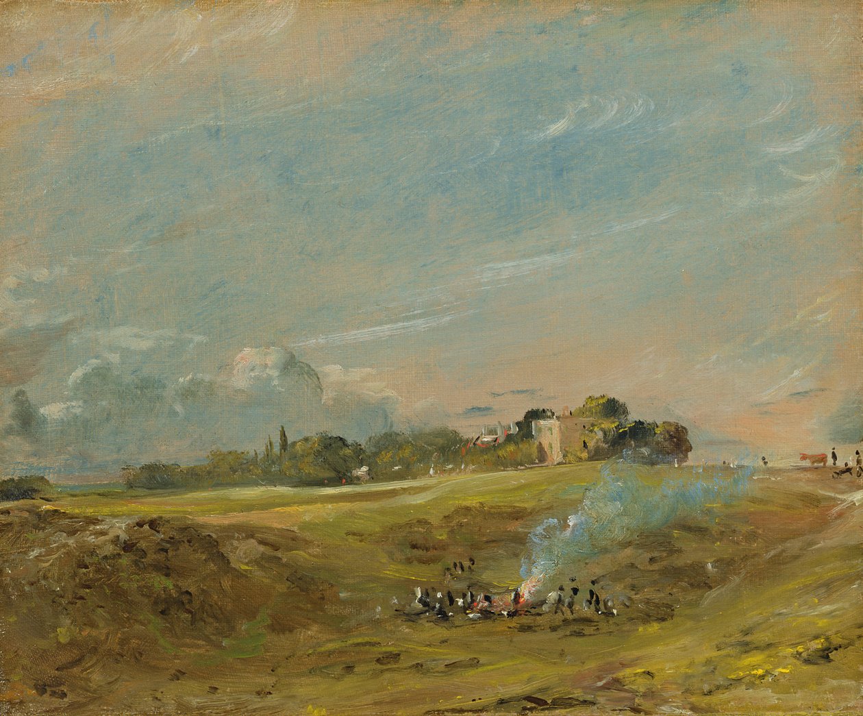 Widok na wrzosowisko Hampstead, z postaciami wokół ogniska autorstwa John Constable
