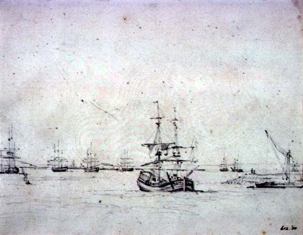 Bryg na kotwicy i inne statki na Tamizie (grafit na papierze) autorstwa John Constable