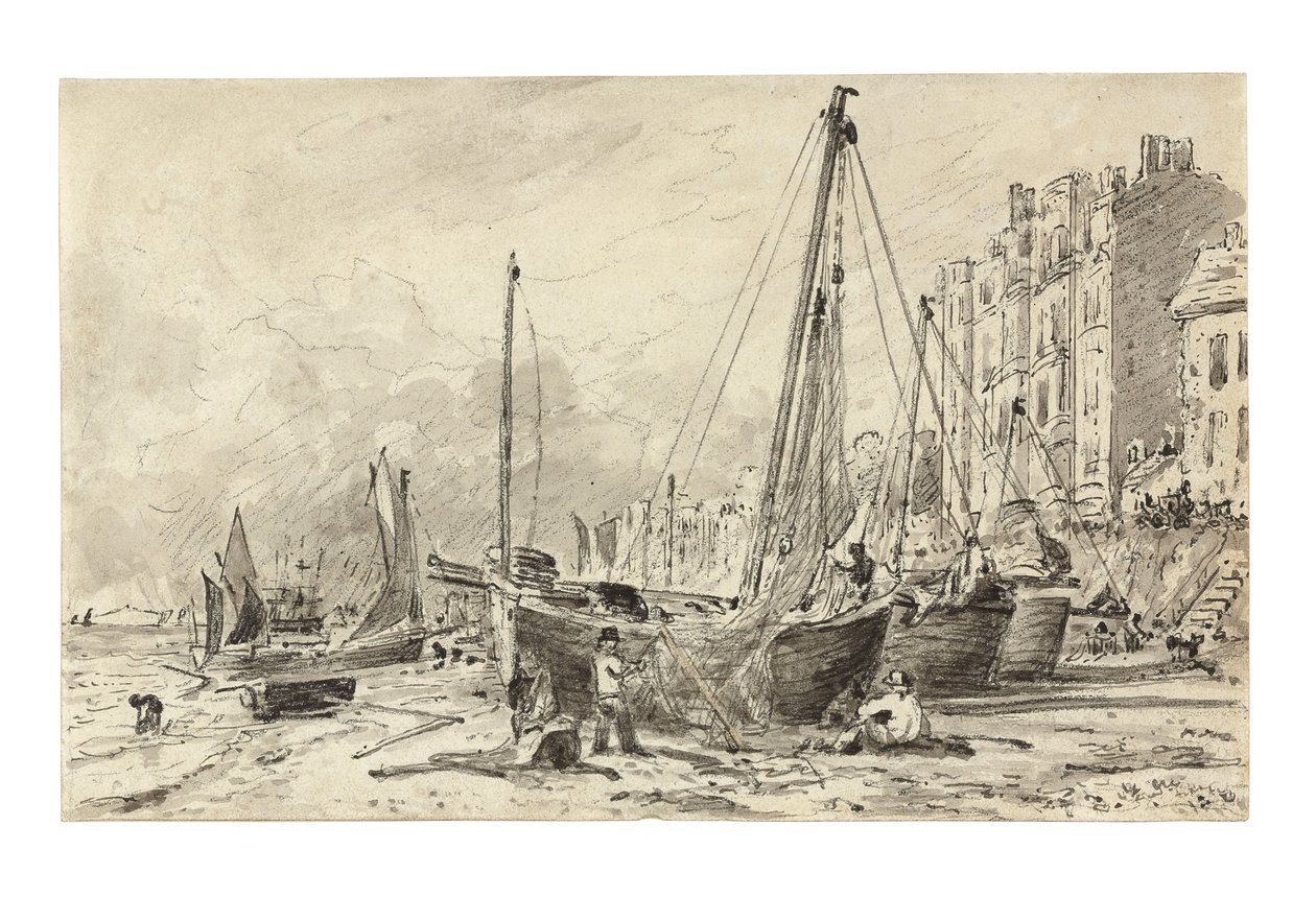 Wyrzucone na brzeg łodzie rybackie z rybakami naprawiającymi sieci na plaży w Brighton, patrząc na zachód, ok. 1824-28 autorstwa John Constable