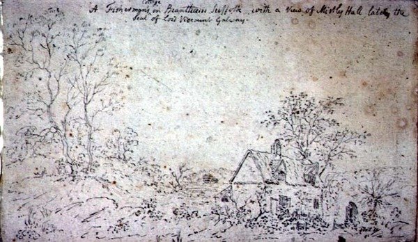 Domek w Brantham, z widokiem na Mistley Hall (rysunek) autorstwa John Constable