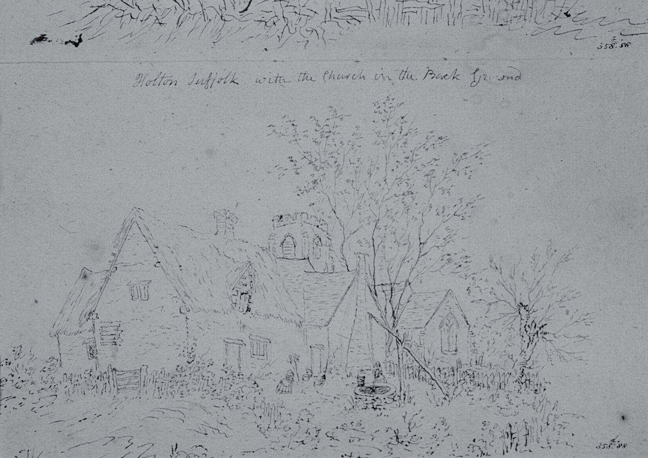 Chata w Holton z kościołem w tle (pióro i atrament na papierze) autorstwa John Constable