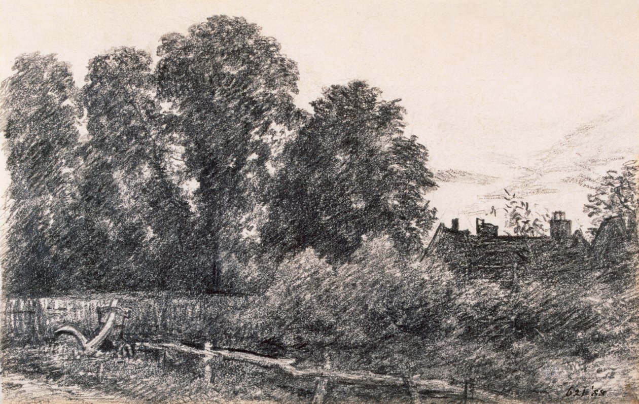 Pejzaż z wiązami i domem (grafit na papierze) autorstwa John Constable