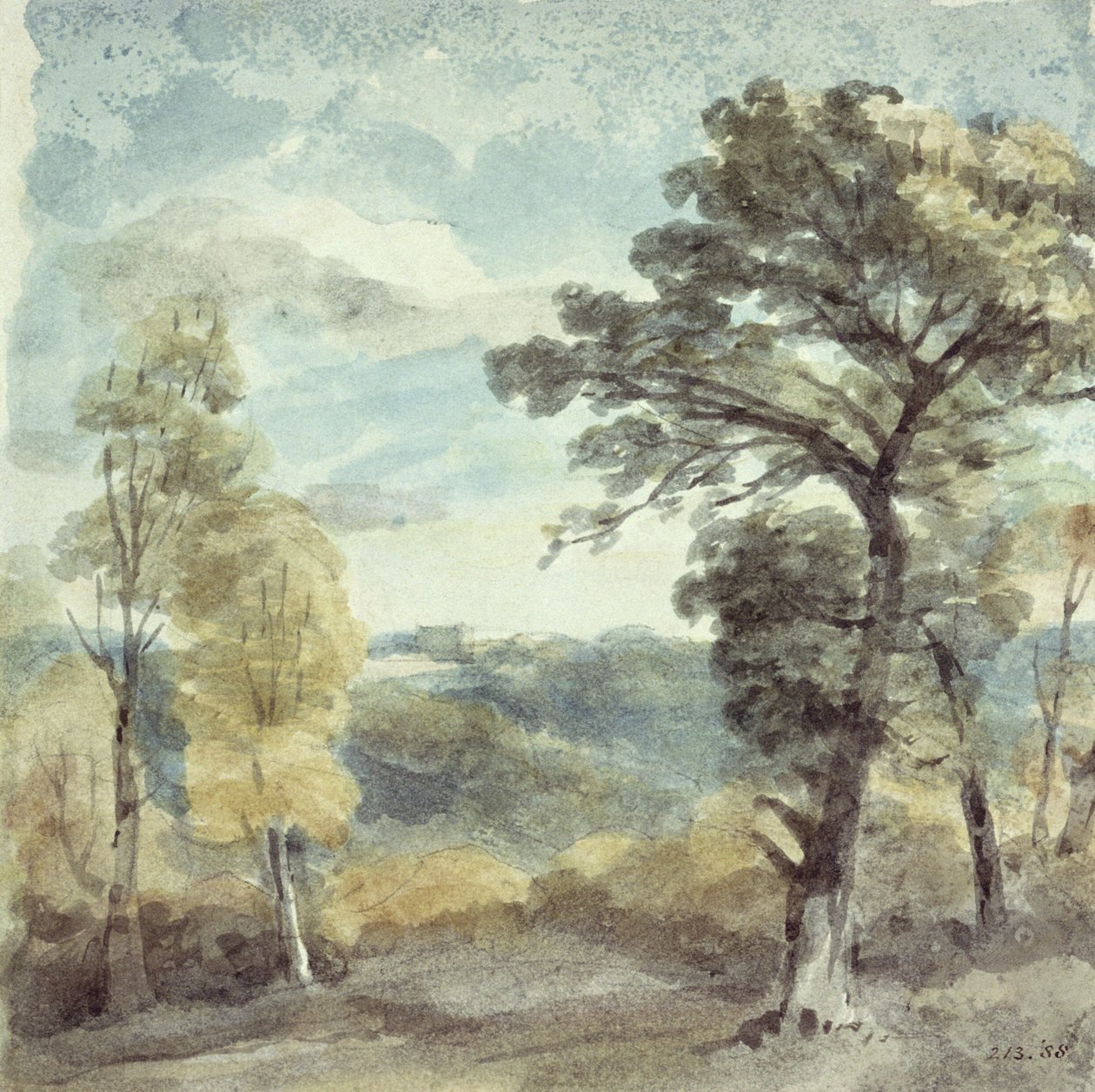 Krajobraz z drzewami i odległą posiadłością (akwarela) autorstwa John Constable