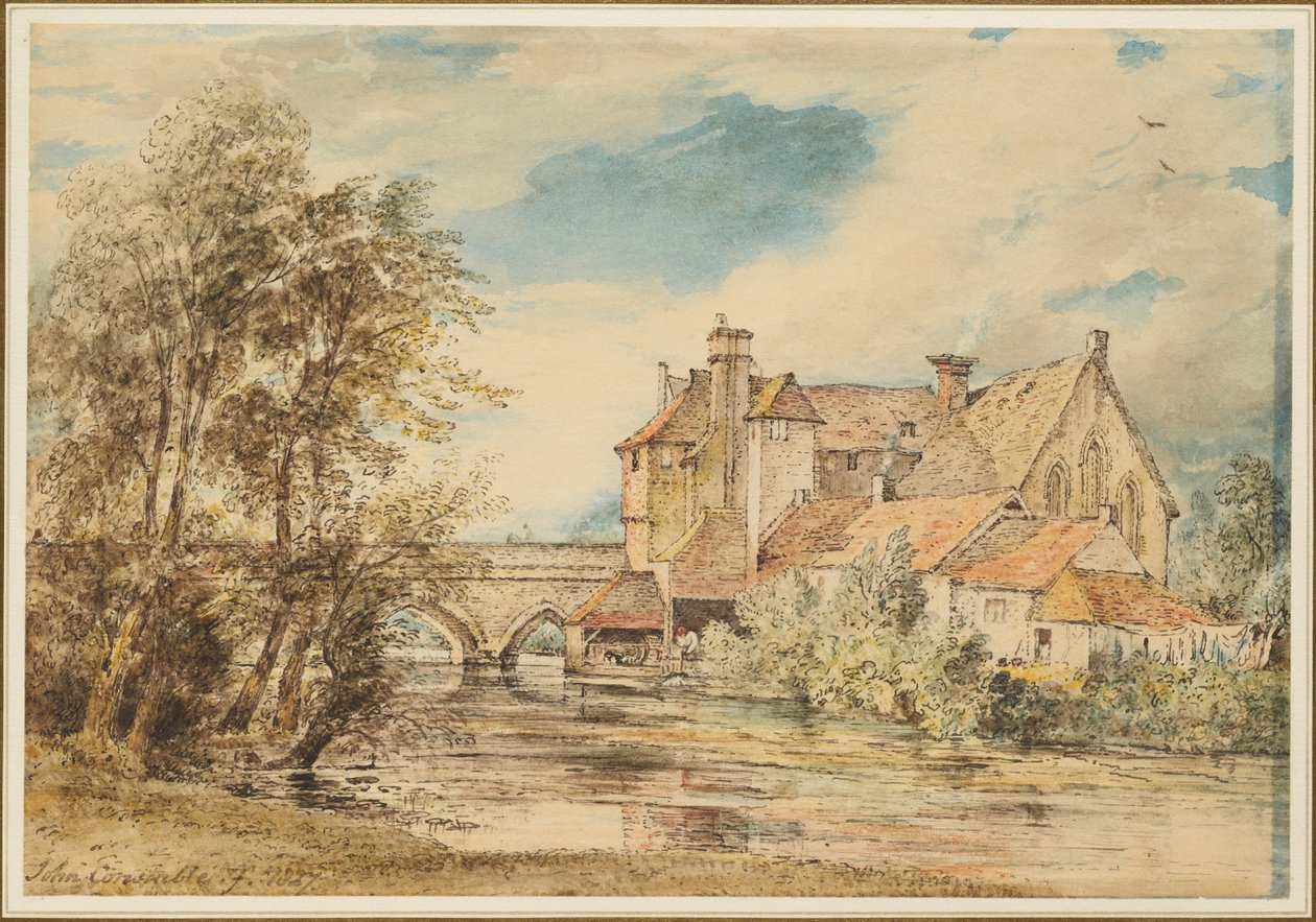 Stare domy na moście Harnam w Salisbury ze starym szpitalem św. Mikołaja autorstwa John Constable