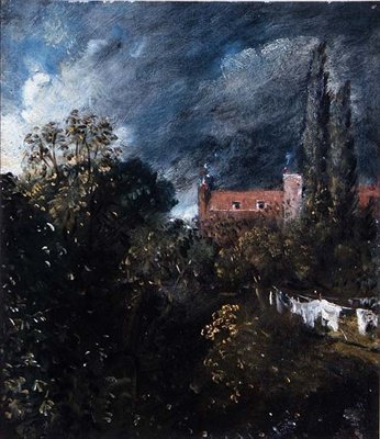 Widok w ogrodzie, a za nim czerwony dom autorstwa John Constable