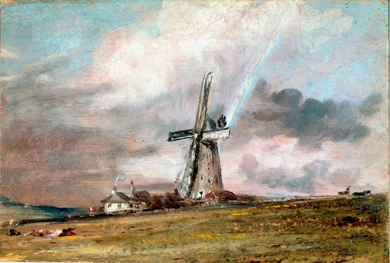 Wiatrak, domy i tęczowe malowidło autorstwa Johna Constable (1776-1837) ok. 1824 r. Słońce. 21x30,4 cm Londyn, Muzeum Wiktorii i Alberta autorstwa John Constable