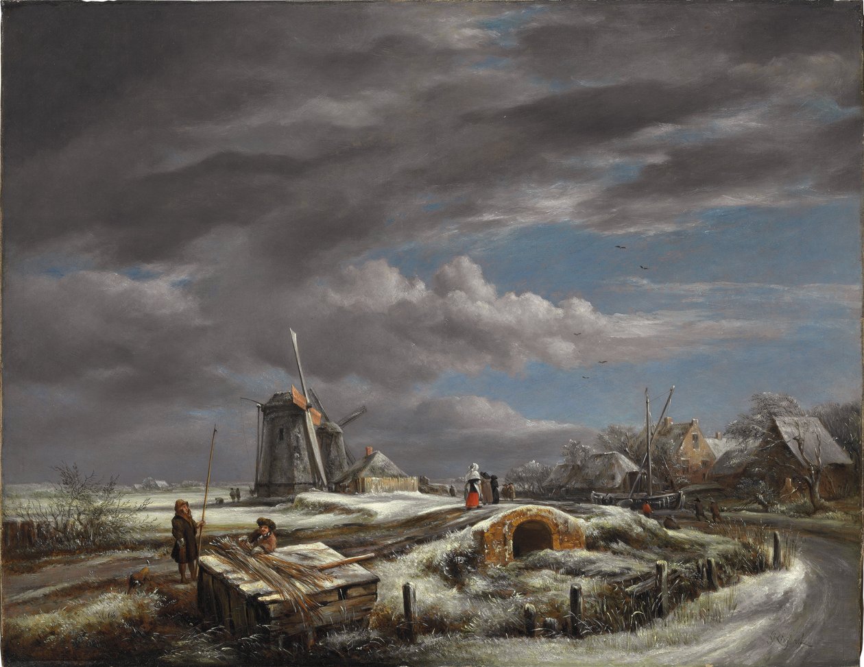 Zimowy pejzaż z postaciami na ścieżce, kładką i wiatrakami za nią autorstwa John Constable