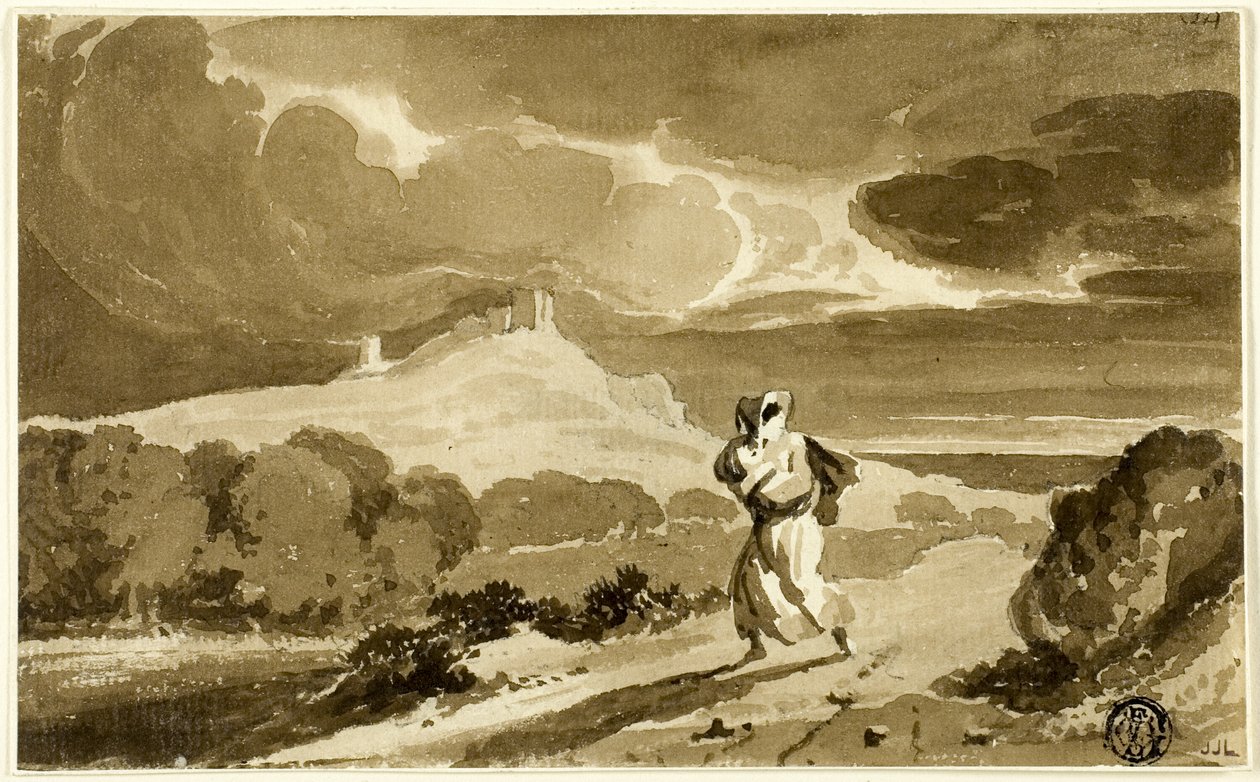Kobieta z dzieckiem ucieka przez wrzosowiska autorstwa John Constable