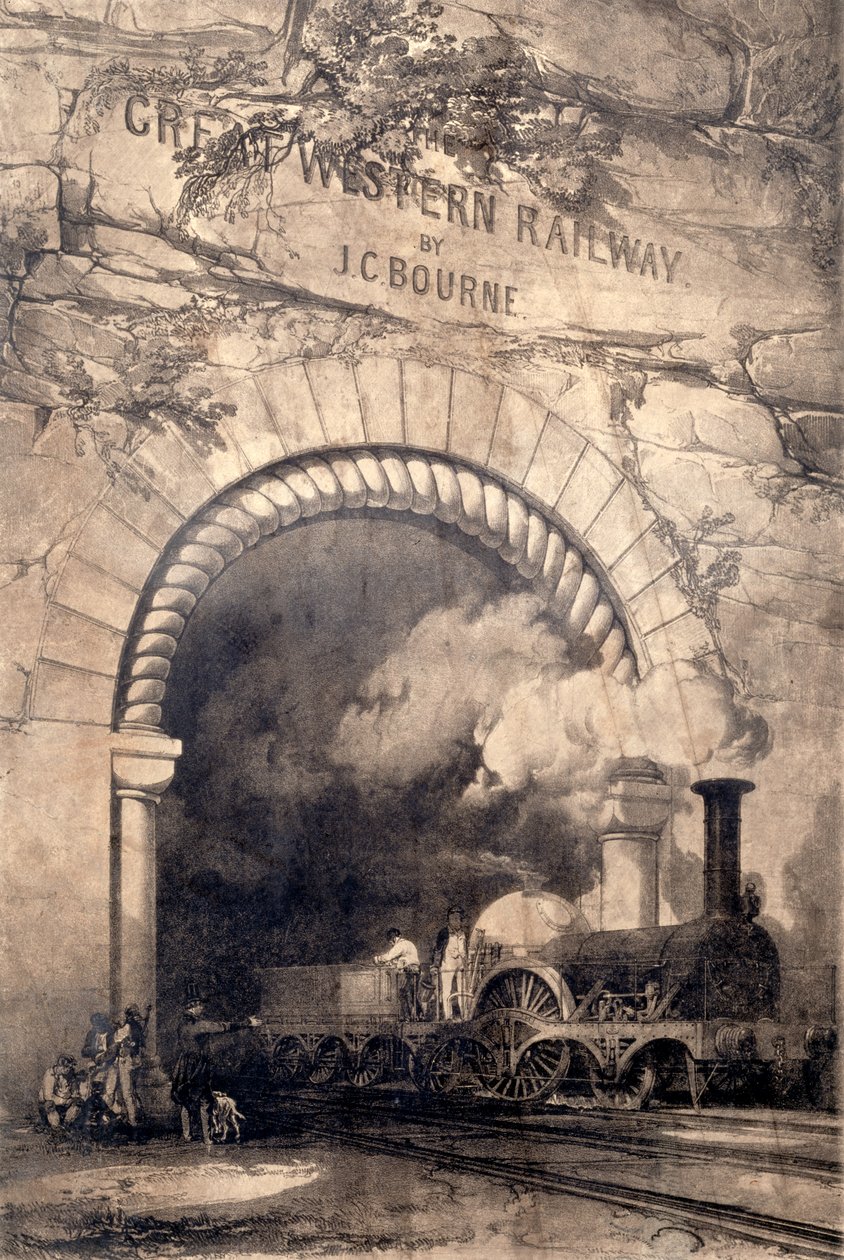 Lokomotywa Acheron 2-2-2 wyłaniająca się z tunelu w pobliżu Bristolu, fronton do Historii i opisu Great Western Railway, 1846 autorstwa John Cooke Bourne