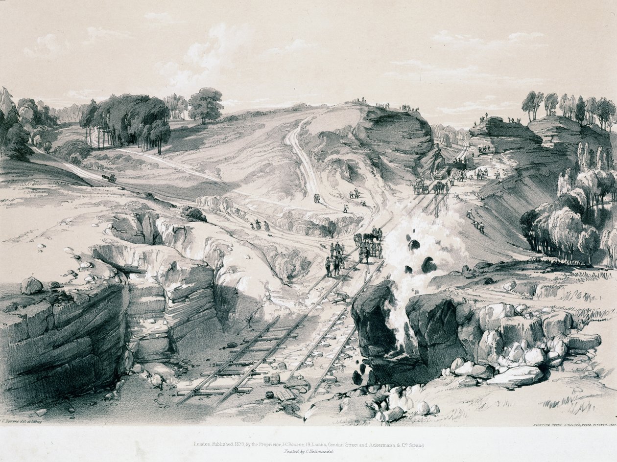 Wysadzanie skał, Linsdale, Buckinghamshire, lata 30. XIX wieku (pióro i atrament oraz pranie na papierze) autorstwa John Cooke Bourne