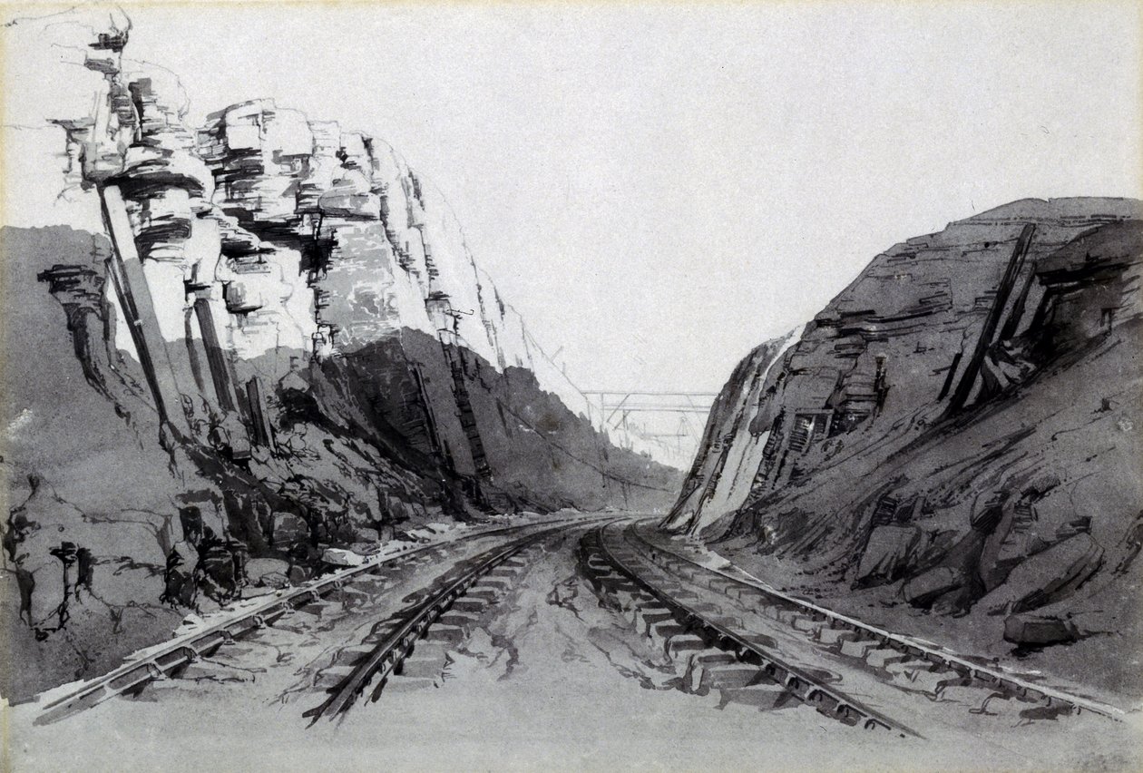 Blisworth Cutting, Northamptonshire, wrzesień 1838 (pióro i atrament oraz pranie na papierze) autorstwa John Cooke Bourne
