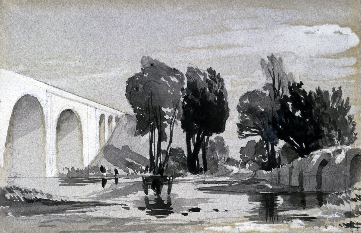 Blythe Viaduct, Hampton-in-Arden, c.1838 (pióro i atrament oraz pranie na papierze) autorstwa John Cooke Bourne