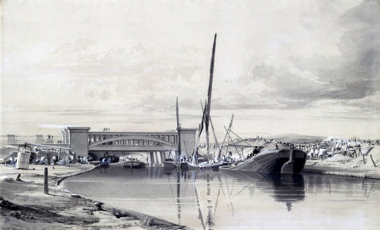 Most nad Kanałem Regentów, kwiecień 1837 (pióro i atrament oraz pranie na papierze) autorstwa John Cooke Bourne