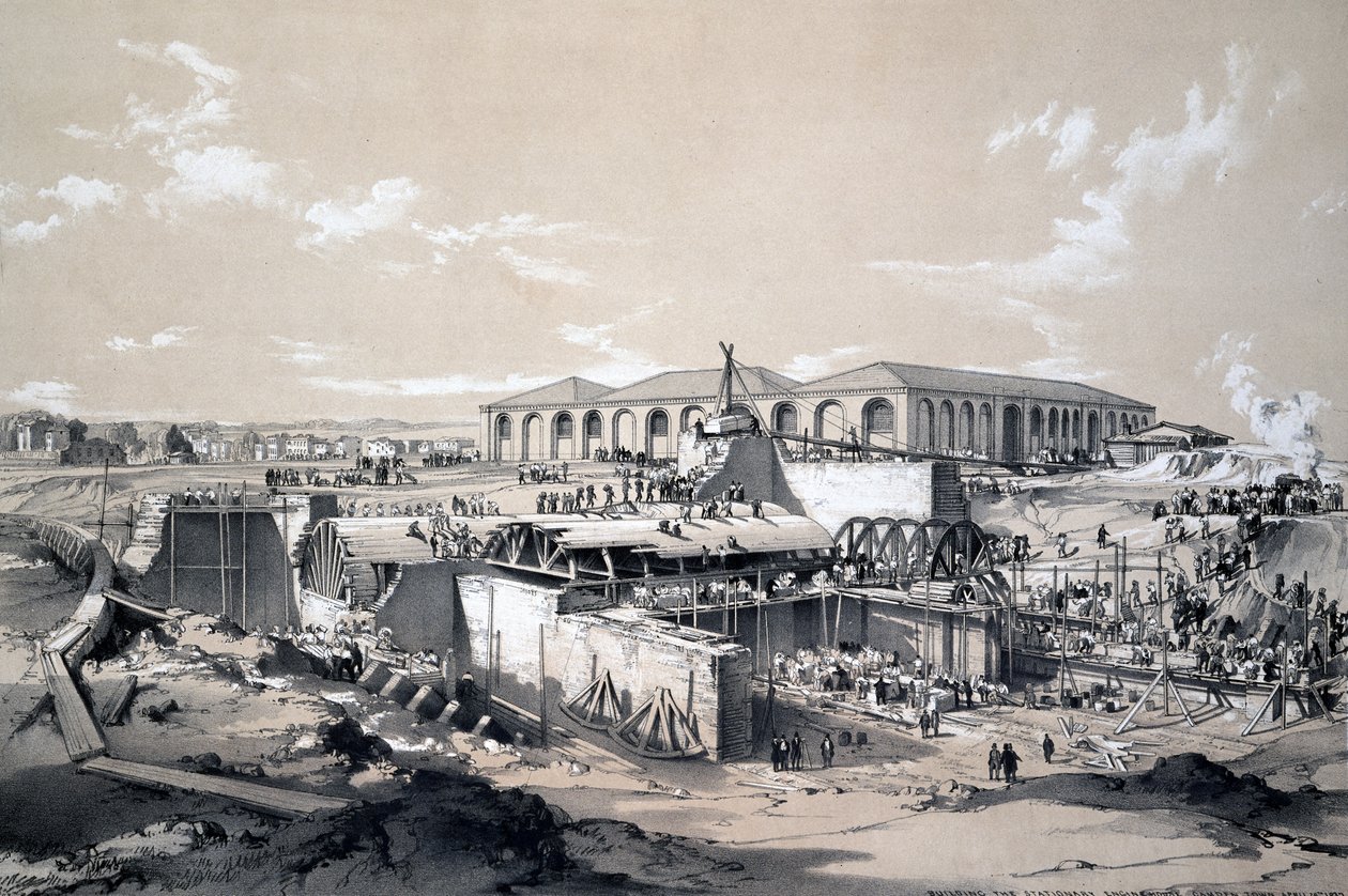 Budowa Maszynowni Stacjonarnej, Camden Town, 26 kwietnia 1837 (pióro i atrament oraz pranie na papierze) autorstwa John Cooke Bourne