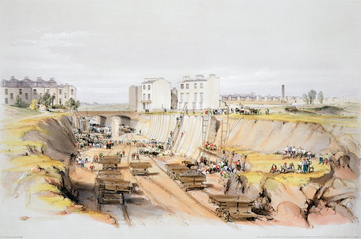Budowa muru oporowego w pobliżu Park Street, Camden Town, Londyn, 17 września 1836 1838 autorstwa John Cooke Bourne